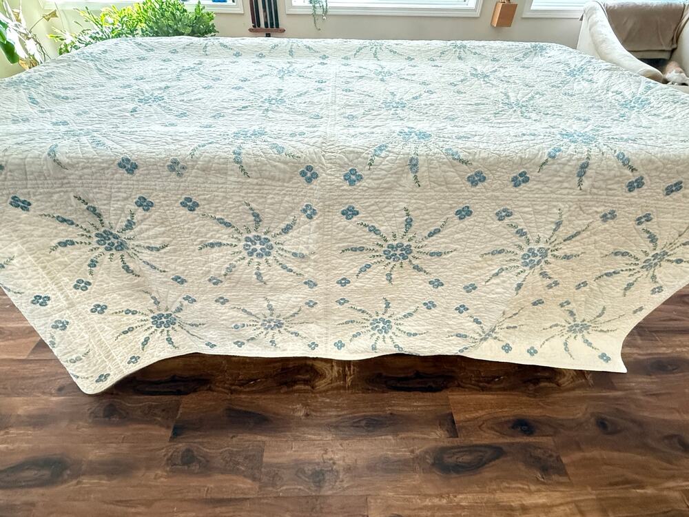 Cutter Quilt Blue Floral Painted Design Hand Quilted Vintage Crafts Fabric 75x92